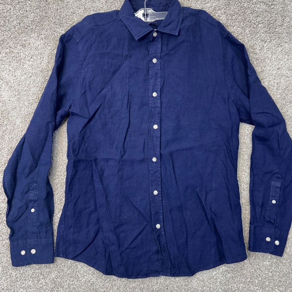 Charles Tyrwhitt Shirt Mens Medium Slim Fit Navy Blue Linen Button Down EUC